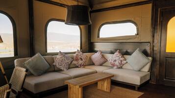 Premium Tent | Living area | Fireplace