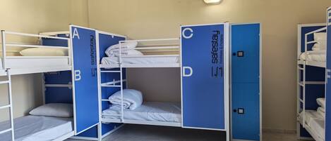 A room with bunk beds labeled A, B, C, and D, and a blue cabinet with 'safesty' branding.