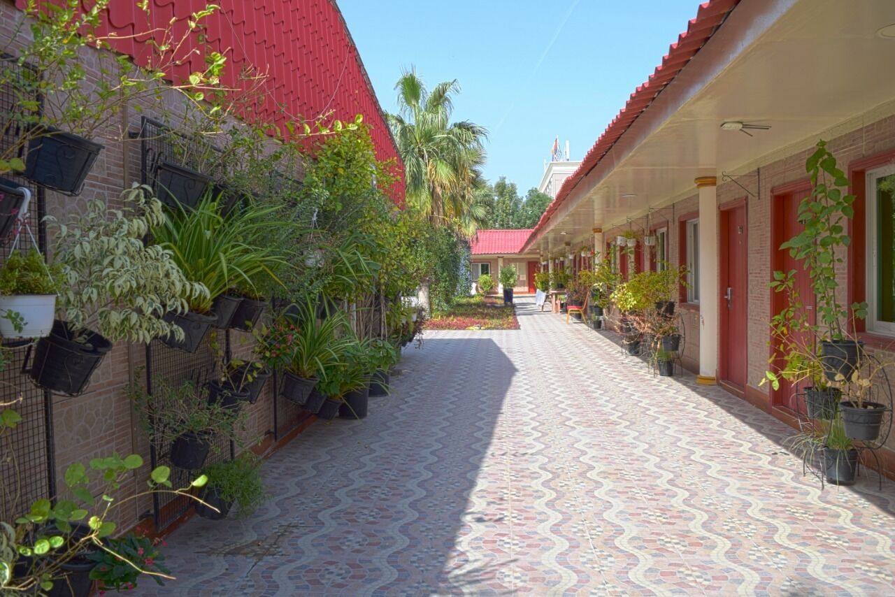 A corridor with tiled flooring, potted plants, and a red-roofed building.