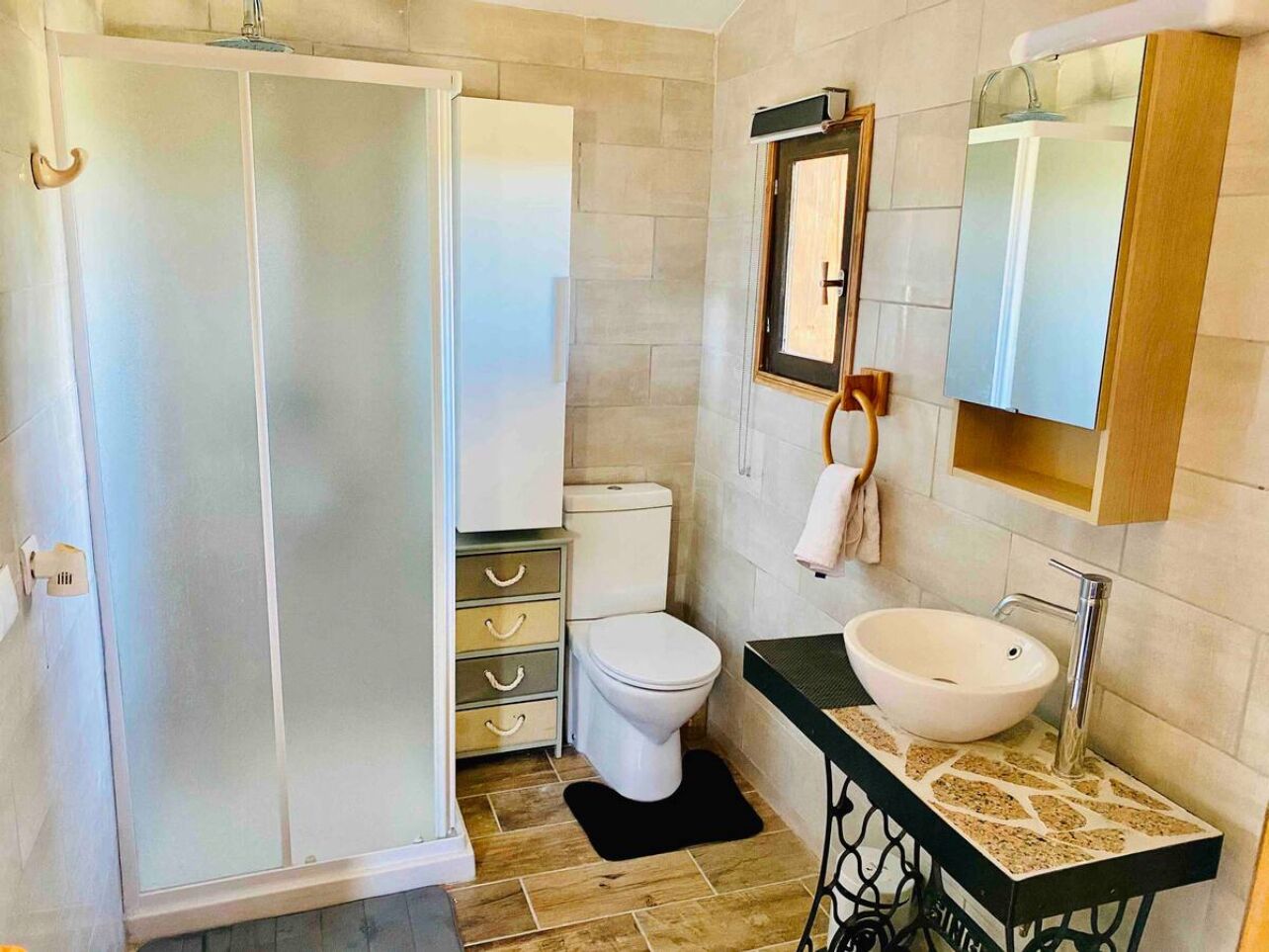 Shower, hair dryer, towels, toilet paper