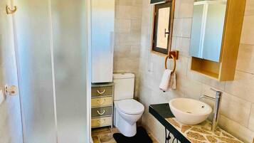 Shower, hair dryer, towels, toilet paper
