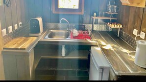 Una cocina compacta con un lavamanos, una cafetera y un escurreplatos.