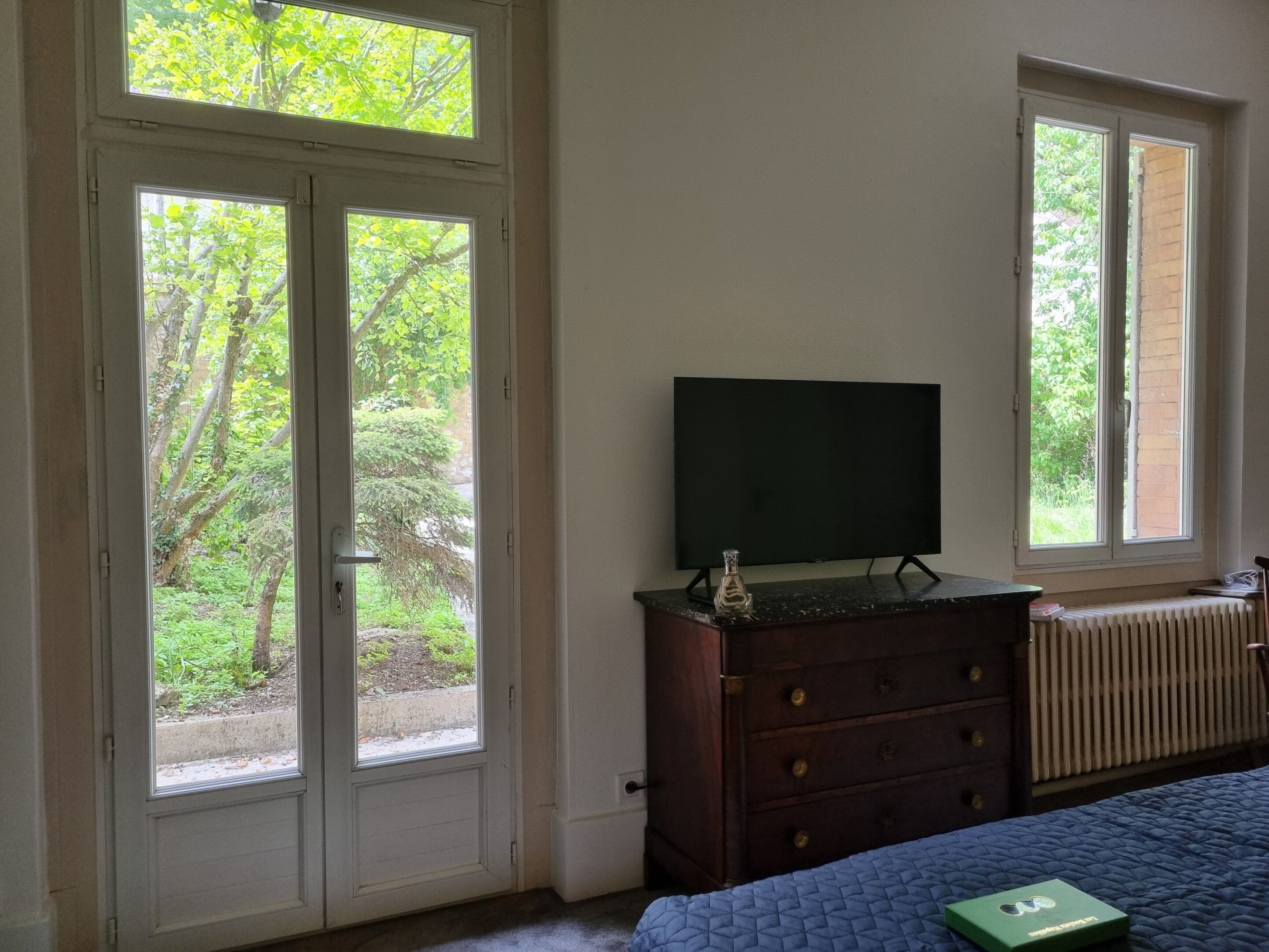 Ein Schlafzimmer mit Bett, Kommode, Fernseher und zwei Fenstern mit Blick auf Grünflächen.