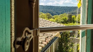 A view through a window with a metal bar, revealing a brick roof and lush greenery. - Auberge du Cédre (Lauret)