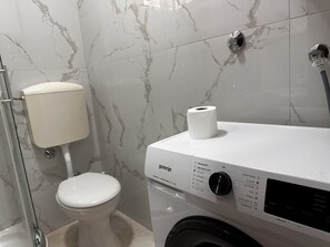 Shower, hair dryer, towels, soap