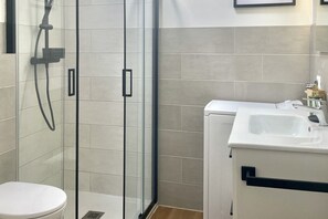 Shower, free toiletries, hair dryer, bidet
