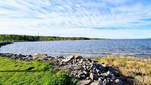 A coastal landscape with a rocky shoreline, grassy areas, and a distant view of a small island.