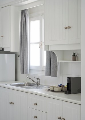 Fridge, microwave, stovetop, coffee/tea maker