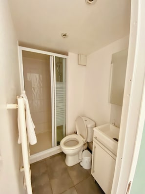 Hair dryer, towels, soap, toilet paper