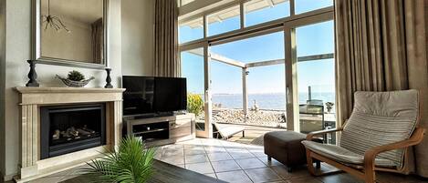Smart TV, chimenea y libros