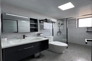 Douche, baignoire à jets, sèche-cheveux, bidet