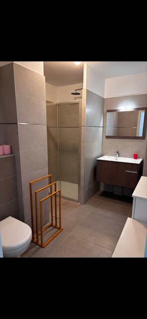 Hair dryer, towels, soap, toilet paper
