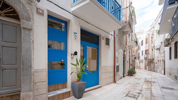 Una calle estrecha con edificios, puertas azules y una planta en maceta.
