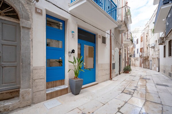 Une rue étroite bordée d’immeubles, avec des portes bleues et un pot de fleurs.