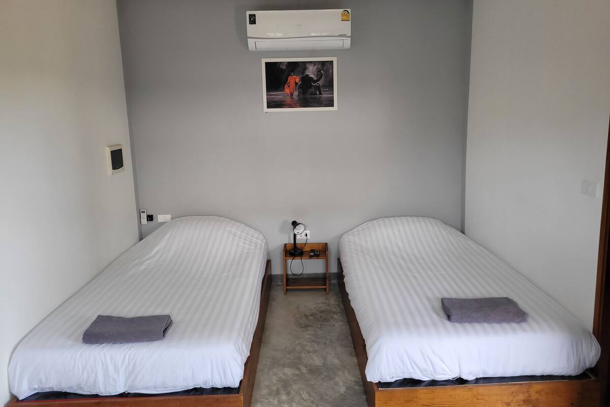Une chambre avec deux lits simples, une petite table de chevet avec une lampe, un climatiseur et un tableau encadré au mur.