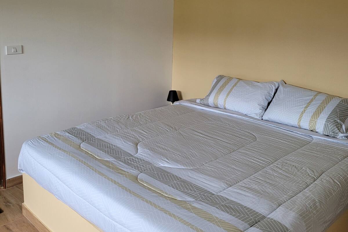 Une chambre à coucher avec un lit, un climatiseur fixé au mur et une table de chevet avec une lampe.