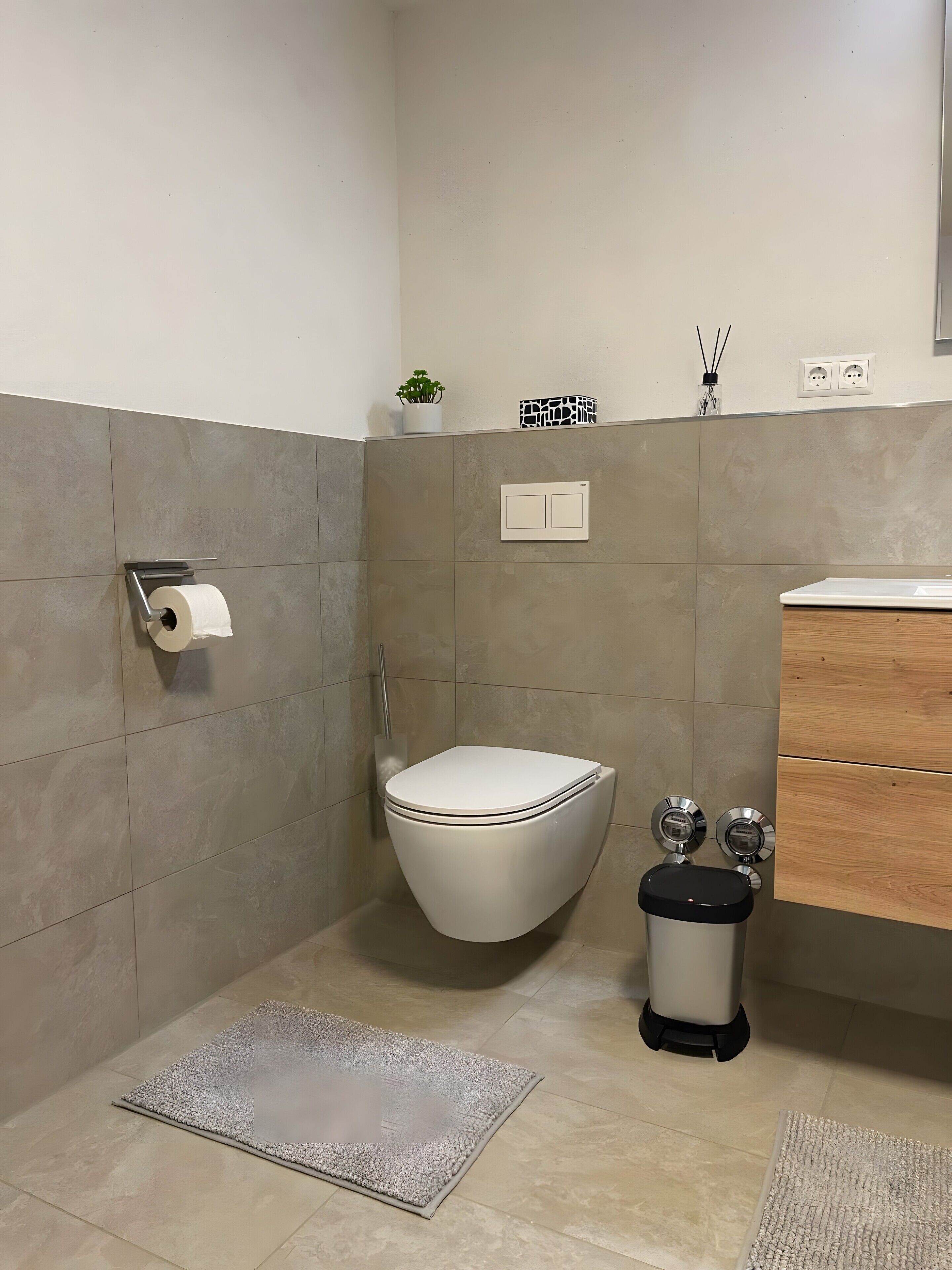 A bathroom with a toilet, bidet, and trash bin, tiled walls, and a small plant on the wall.
