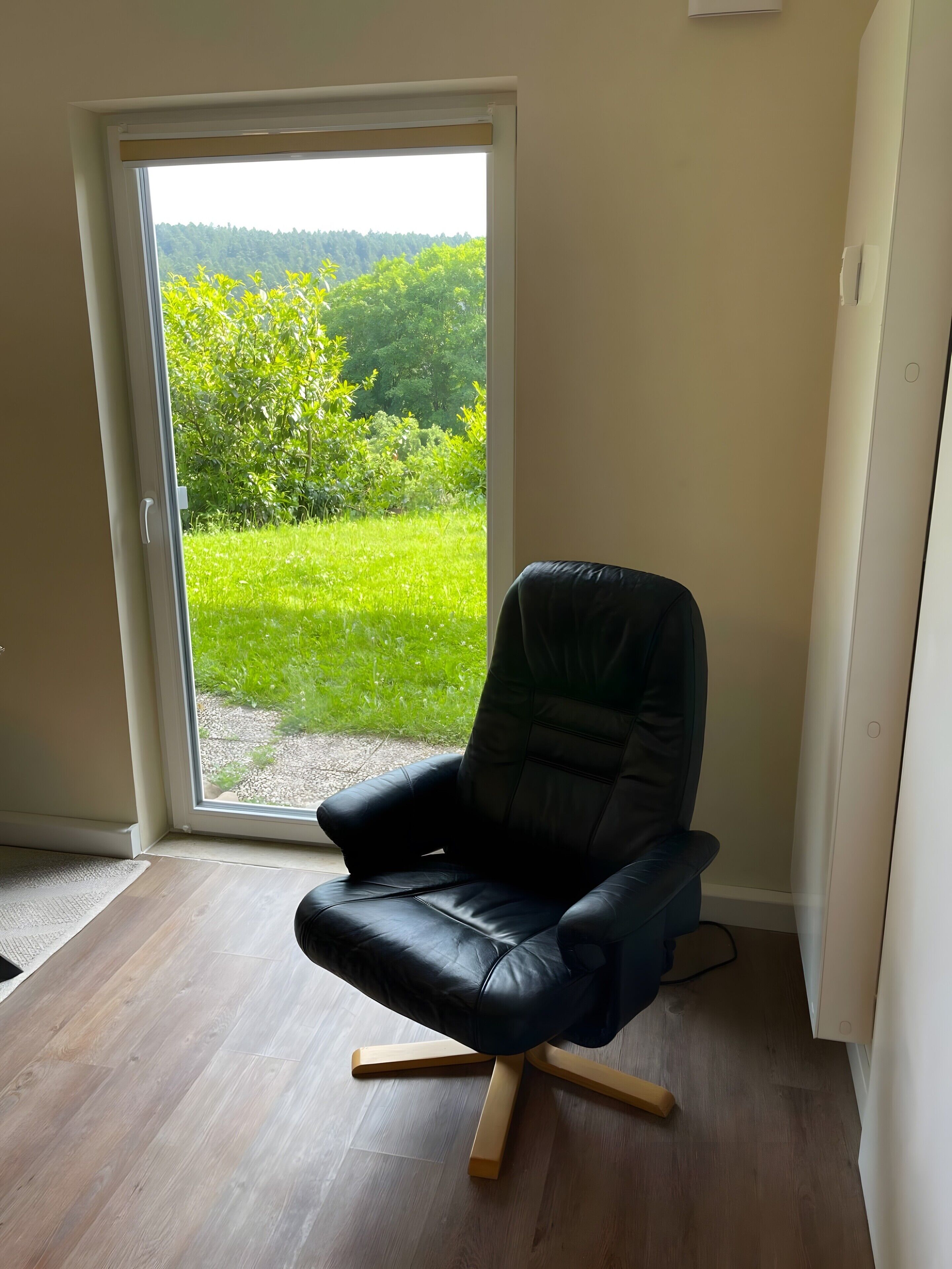 Ein Zimmer mit schwarzem Ledersessel, Holzboden und einer Schiebeglastür zu einem grünen Außenbereich.