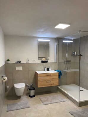 Shower, free toiletries, hair dryer, towels