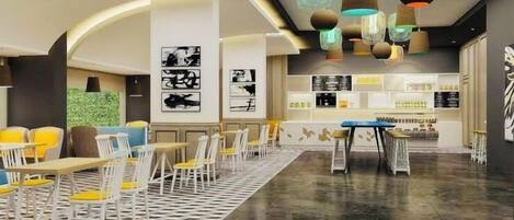 Um café moderno com chão quadriculado, cadeiras brancas e uma mesa central.