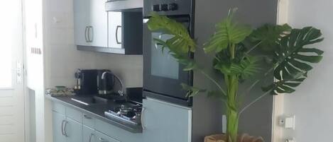 Fridge, oven, coffee/tea maker, cookware/dishes/utensils