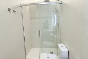 A glass-enclosed shower stall with a white toilet and a towel on the floor. -  Oceanografic Suite 1 (València)