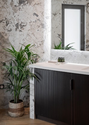 Deluxe appartement | Badkamer | Een douche, een regendouche, milieuvriendelijke toiletartikelen