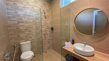 Shower, hair dryer, slippers, towels