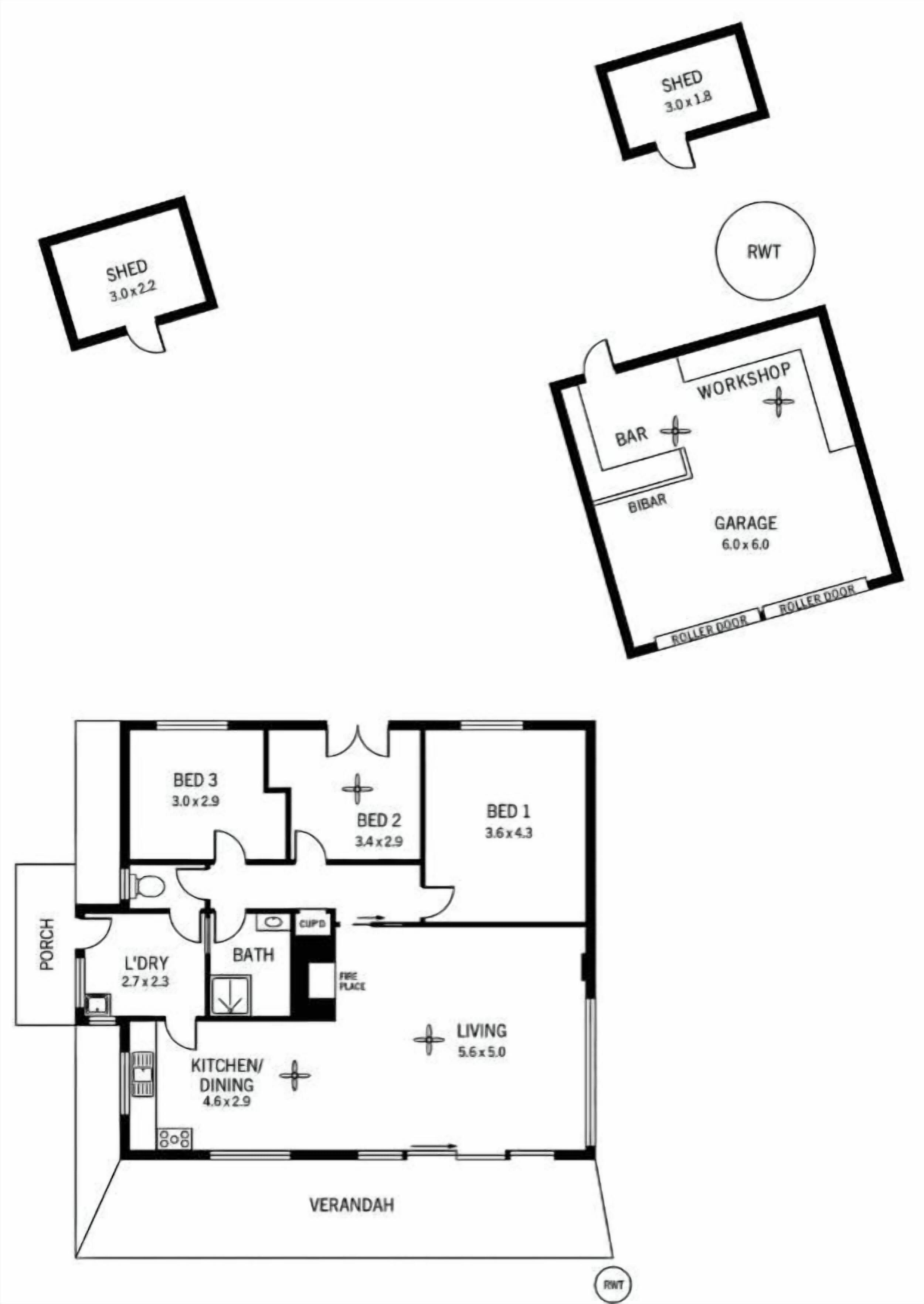A floor plan with a living area, kitchen, dining, two bedrooms, a bathroom, and a garage.