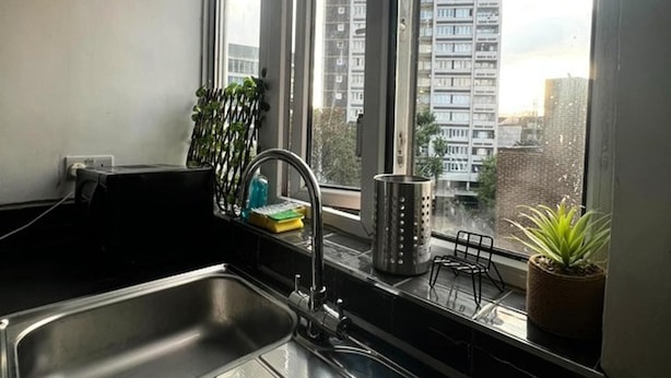 A kitchen with a stainless steel sink, a window with a view of tall buildings, and a potted plant on the windowsill. - London Luxe Apartment - Spacious & Stylish (London)