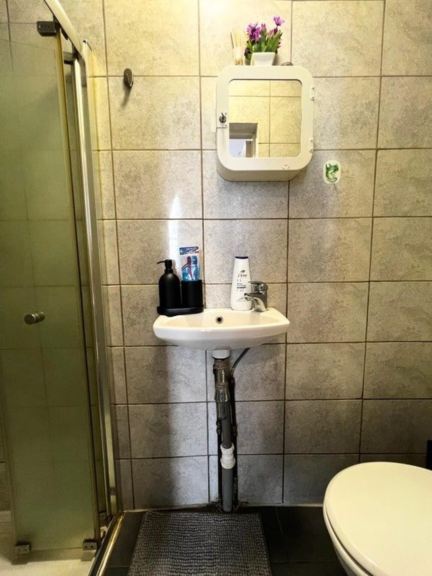 Ein Badezimmer mit Duschabtür aus Glas, einem weißen Waschbecken mit Pflegeprodukten und einem kleinen Spiegel darüber.