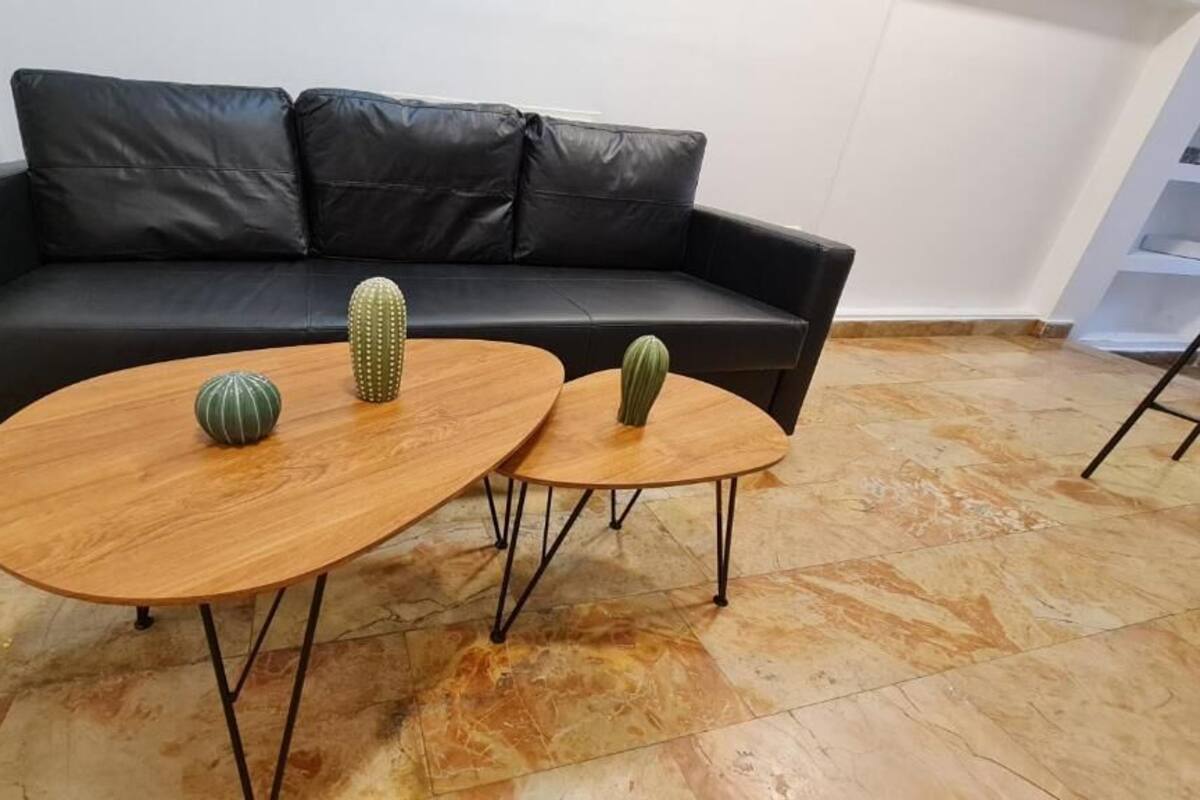 A modern living room with a black leather sofa, two wooden coffee tables, and decorative cacti.