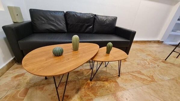 Un salón moderno con un sofá de cuero negro, dos mesas auxiliares de madera y cactus decorativos.