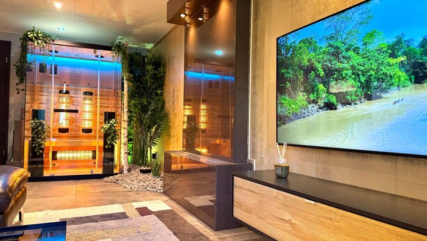 Un vestíbulo moderno con un televisor grande, detalles de madera y plantas de interior.