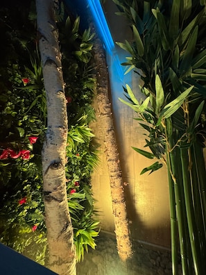 Un jardin vertical agrémenté de différentes plantes et d’une structure en bambou.