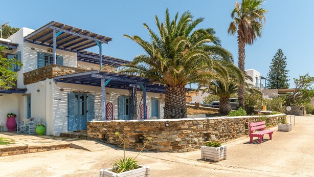 A coastal building with a stone facade, a covered patio, and a palm tree. - Apartment '7' with sea view, Wi-Fi and air conditioning (Tinos)