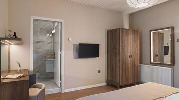 A bedroom with a bed, a wooden wardrobe, a television, a bathroom with a shower, and a desk with a chair.