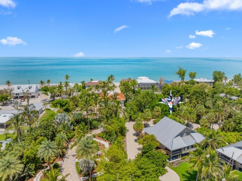 A resort with a view of the ocean, palm trees, and a flag.