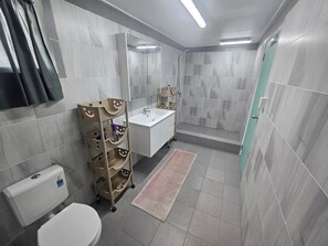 Een douche, handdoeken, zeep, toiletpapier