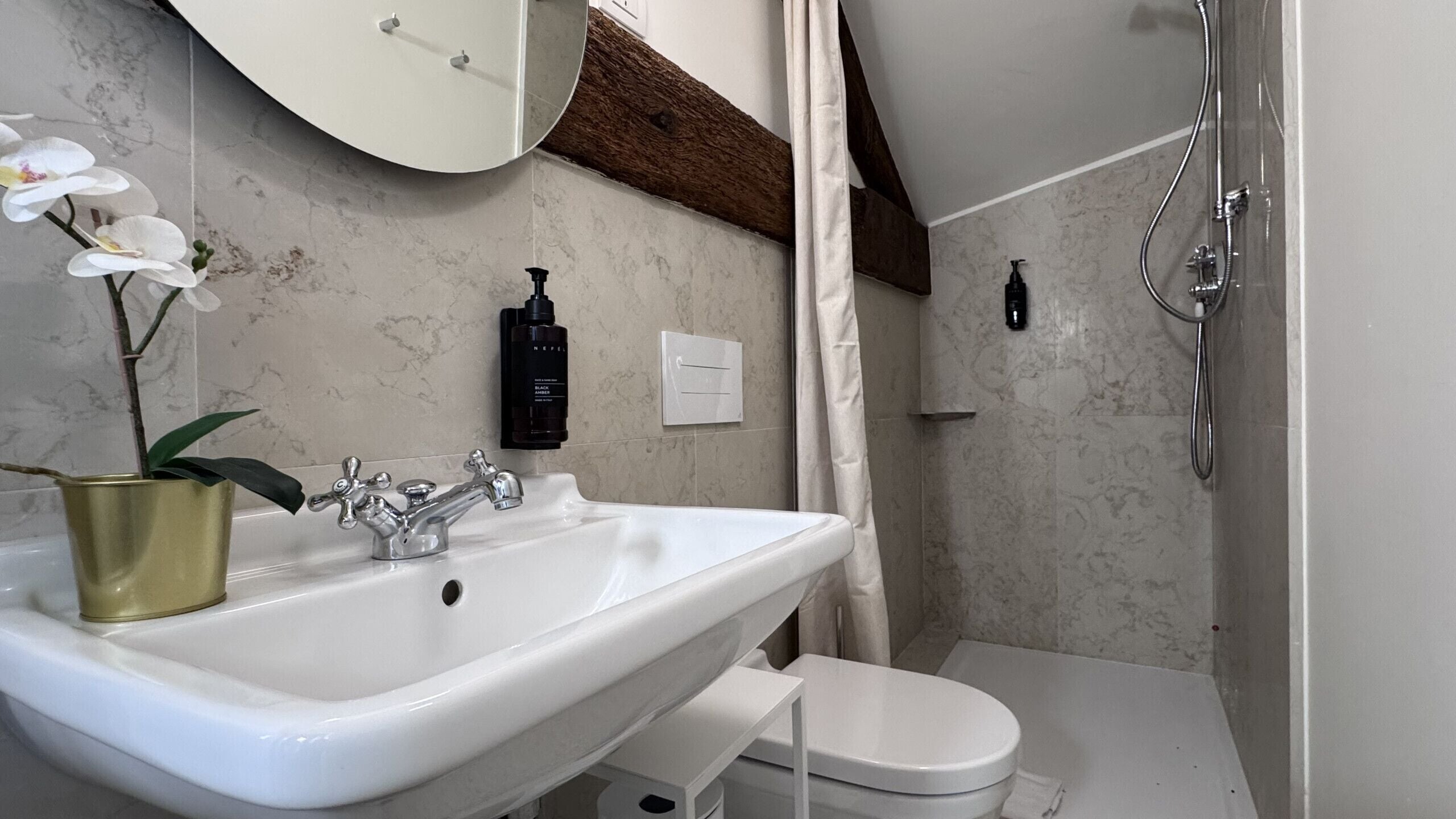 A bathroom with a white sink, a toilet, and a shower. There is a plant in a gold pot on the sink, and a black bottle of shampoo on the wall.
