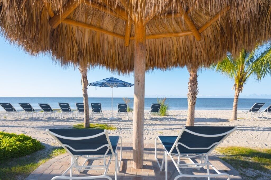 Un salon de plage doté de parasols en chaume, de chaises longues et offrant une vue sur la mer.