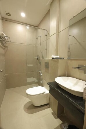Shower, slippers, towels, soap
