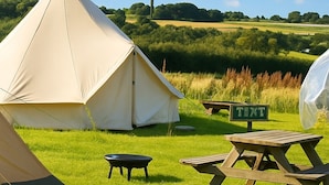 A tent set up on a grassy field with a picnic table and a sign that reads "TINT".