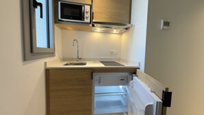 Una cocina compacta con microondas, lavamanos y lavavajillas integrado.