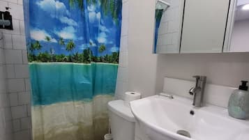 Hair dryer, towels, soap, toilet paper
