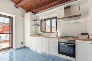 Appartement, 1 lit double et 1 canapé-lit, vue ville | Cuisine privée | Réfrigérateur, four, plaque de cuisson