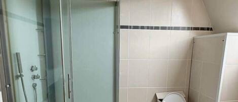 A bathroom with a glass-enclosed shower, a toilet, and tiled walls.