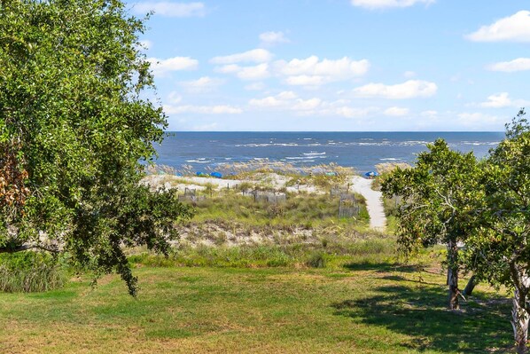 A coastal landscape with a clear view of the sea, a grassy path, and trees. - Shipwatch 206A - Coastal Luxury! Ocean View! (Isle of Palms)
