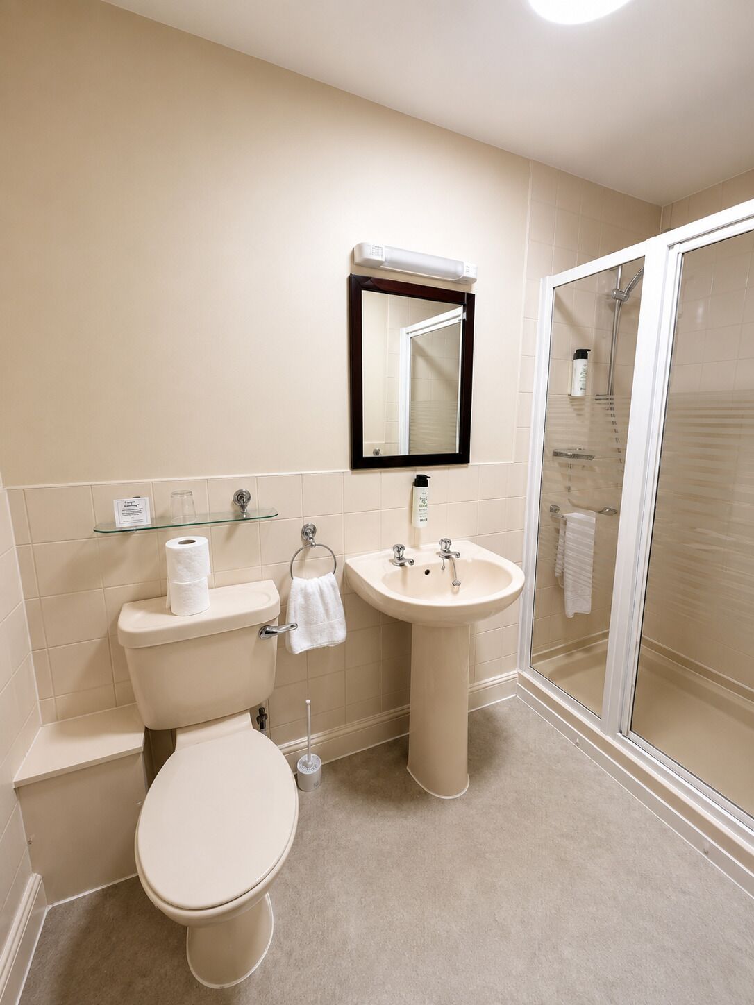 Combined shower/tub, towels, soap, shampoo