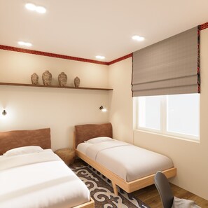 Habitación económica con 2 camas individuales, baño compartido | Escritorio, espacio para trabajar con laptop y wifi gratis 